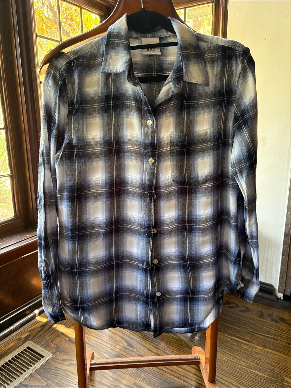 GAP Women's  Navy and White Plaid Button-Down Shirt